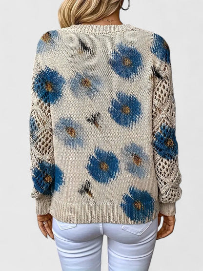 Jersey de Mujer - Escote en V con Punto Calado y Motivos Florales