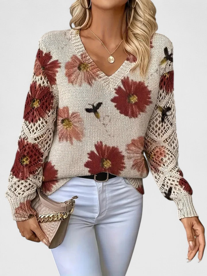 Jersey de Mujer - Escote en V con Punto Calado y Motivos Florales