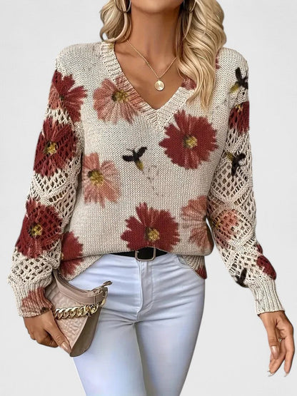 Jersey de Mujer - Escote en V con Punto Calado y Motivos Florales