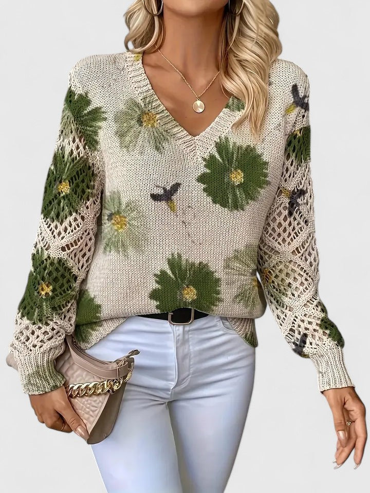 Jersey de Mujer - Escote en V con Punto Calado y Motivos Florales