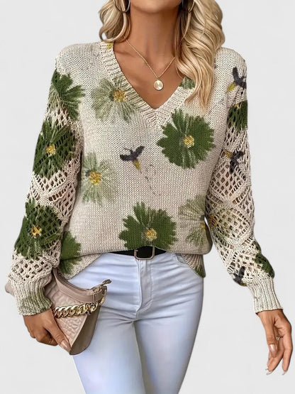 Jersey de Mujer - Escote en V con Punto Calado y Motivos Florales