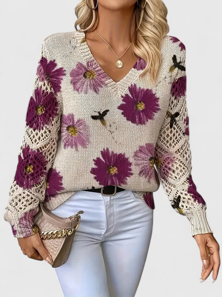 Jersey de Mujer - Escote en V con Punto Calado y Motivos Florales
