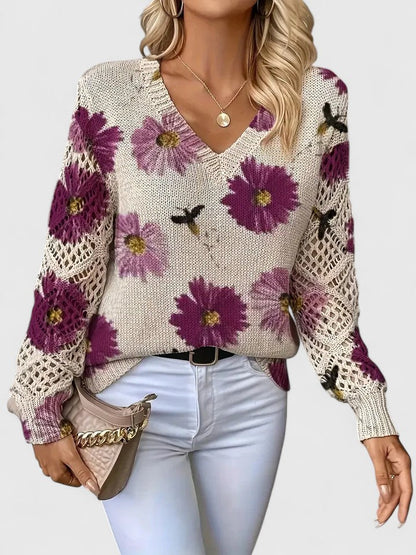 Jersey de Mujer - Escote en V con Punto Calado y Motivos Florales