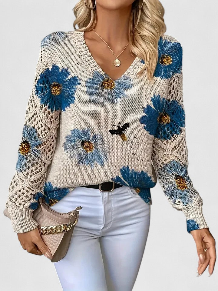Jersey de Mujer - Escote en V con Punto Calado y Motivos Florales
