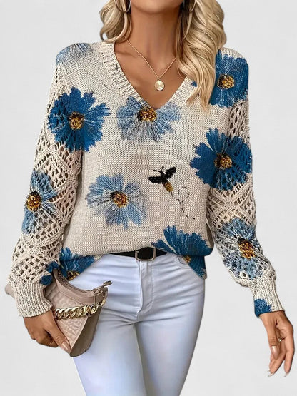Jersey de Mujer - Escote en V con Punto Calado y Motivos Florales