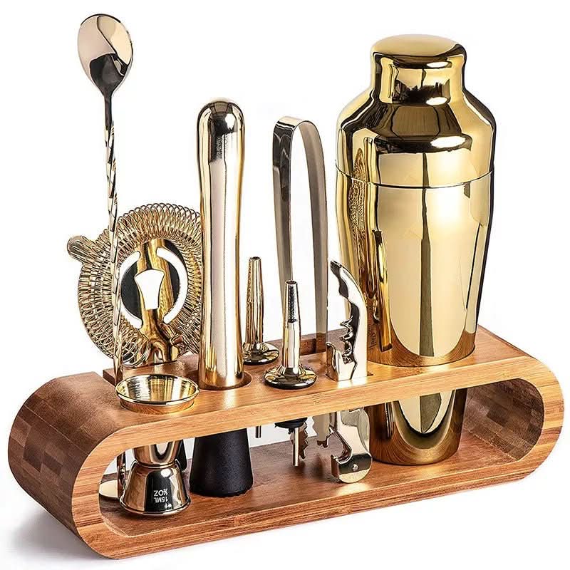 Juego de cóctel de acero inoxidable con soporte de madera