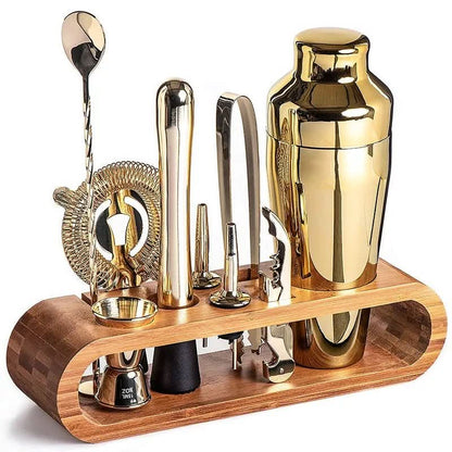Juego de cóctel de acero inoxidable con soporte de madera