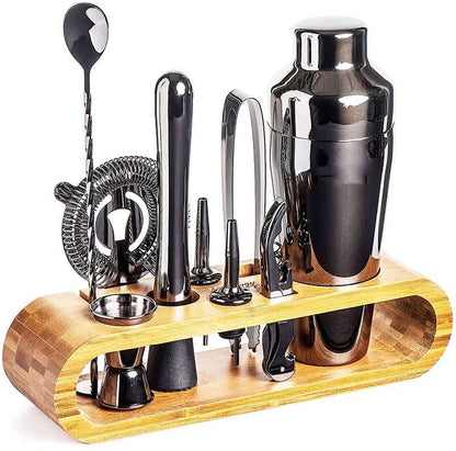Juego de cóctel de acero inoxidable con soporte de madera