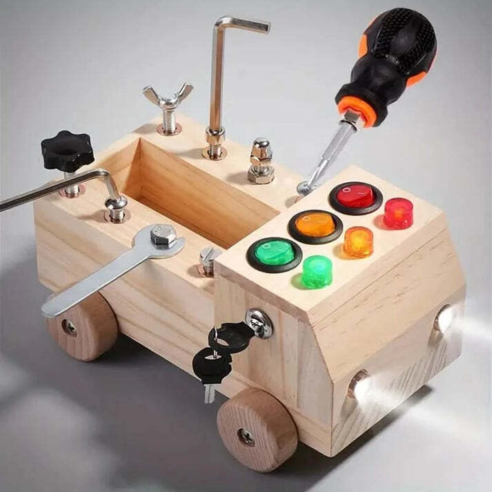 Juguete tablero sensorial de camión de madera con luces