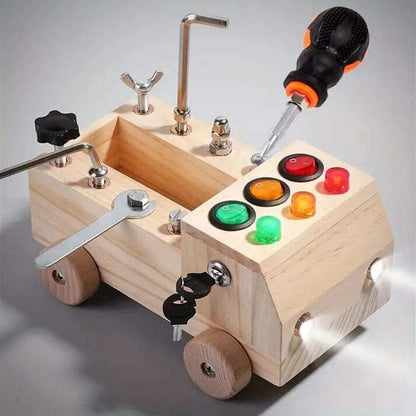 Juguete tablero sensorial de camión de madera con luces