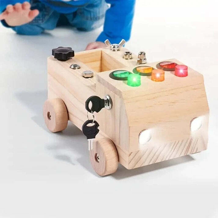 Juguete tablero sensorial de camión de madera con luces