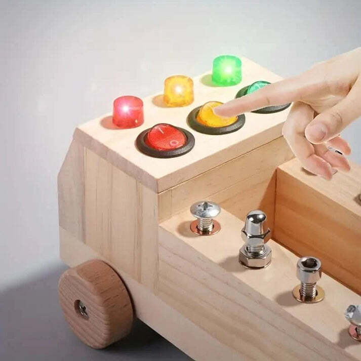 Juguete tablero sensorial de camión de madera con luces