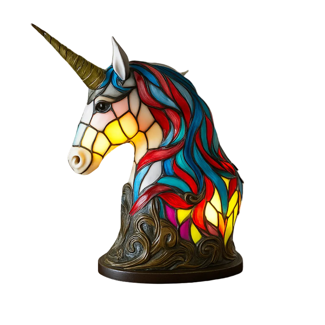 Lámpara de mesa con busto de unicornio y base de cuerno en espiral