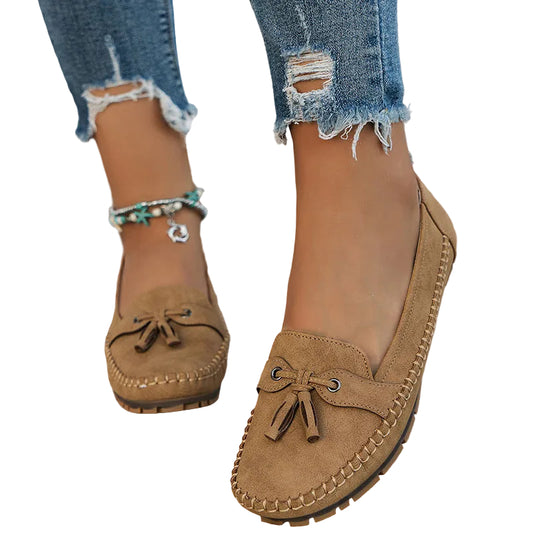 Mocasines sin cordones para mujer con lazo y borlas