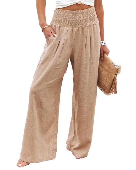 Pantalones de pierna ancha para mujer con cintura fruncida