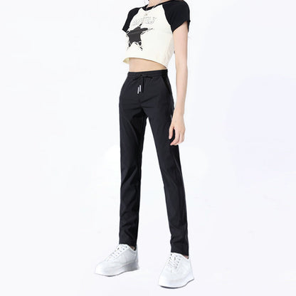 Pantalones de tiro alto para mujer con cordón en la cintura