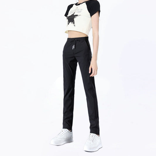 Pantalones de tiro alto para mujer con cordón en la cintura