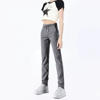 Pantalones de tiro alto para mujer con cordón en la cintura