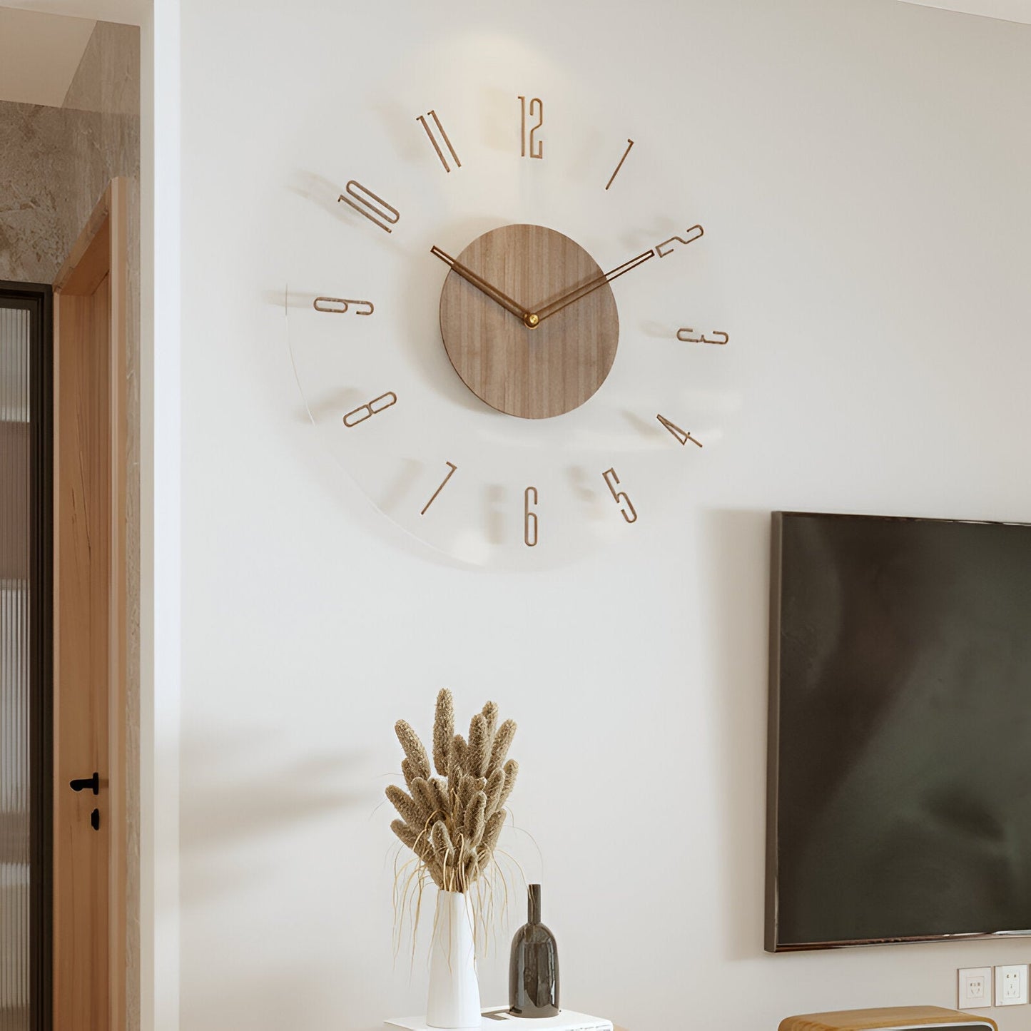 Reloj de pared con disco central de veta de madera