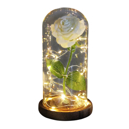 Rosa LED artificial en cúpula de vidrio con base de madera