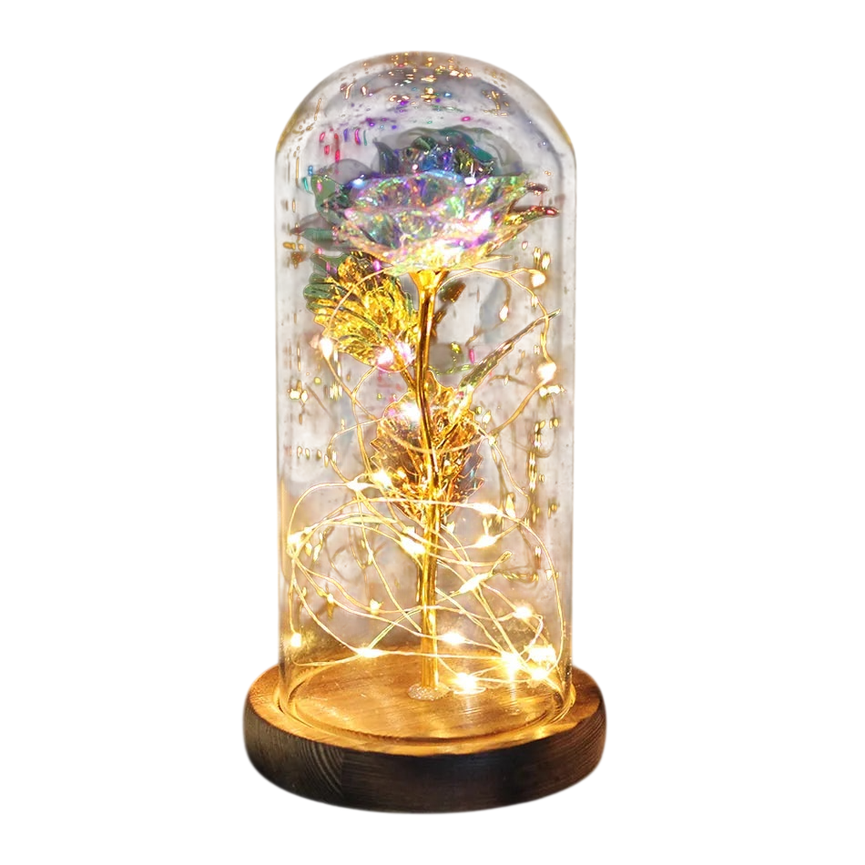 Rosa LED artificial en cúpula de vidrio con base de madera