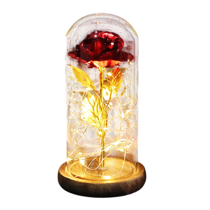 Rosa LED artificial en cúpula de vidrio con base de madera