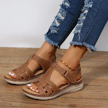 Sandalias de cuña para mujer con puntera abierta y tira al tobillo