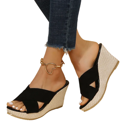 Sandalias de cuña con plataforma para mujer sin cordones y tiras cruzadas