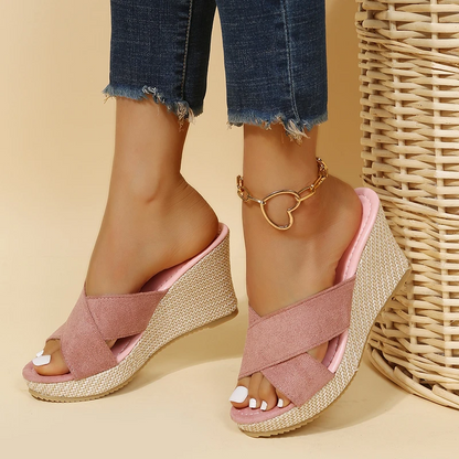 Sandalias de cuña con plataforma para mujer sin cordones y tiras cruzadas