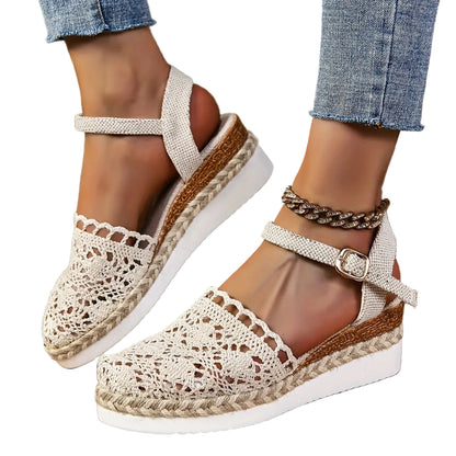 Sandalias de cuña para mujer con punta cerrada y correa al tobillo