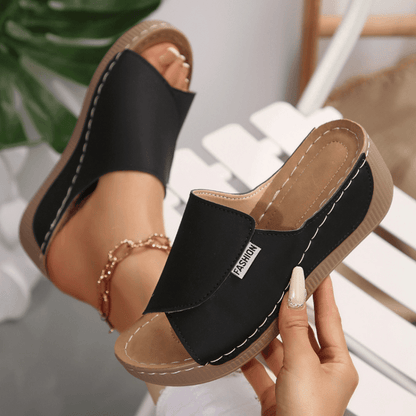 Sandalias de cuña para mujer sin cordones con costuras en contraste