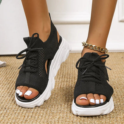 Sandalias de plataforma para mujer con punta abierta y cierre con cordones