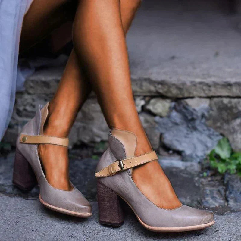 Sandalias de tacón para mujer con punta cuadrada y correa al tobillo