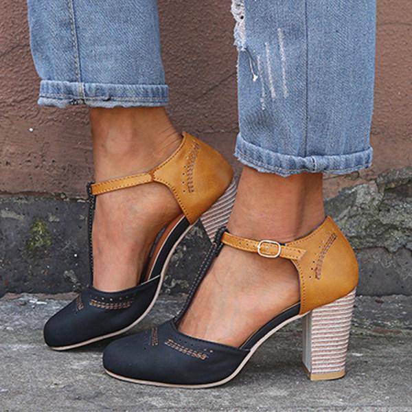 Sandalias de tacón para mujer con tira en T y cierre de hebilla