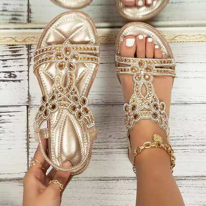Sandalias planas para mujer con tira en T y pedrería