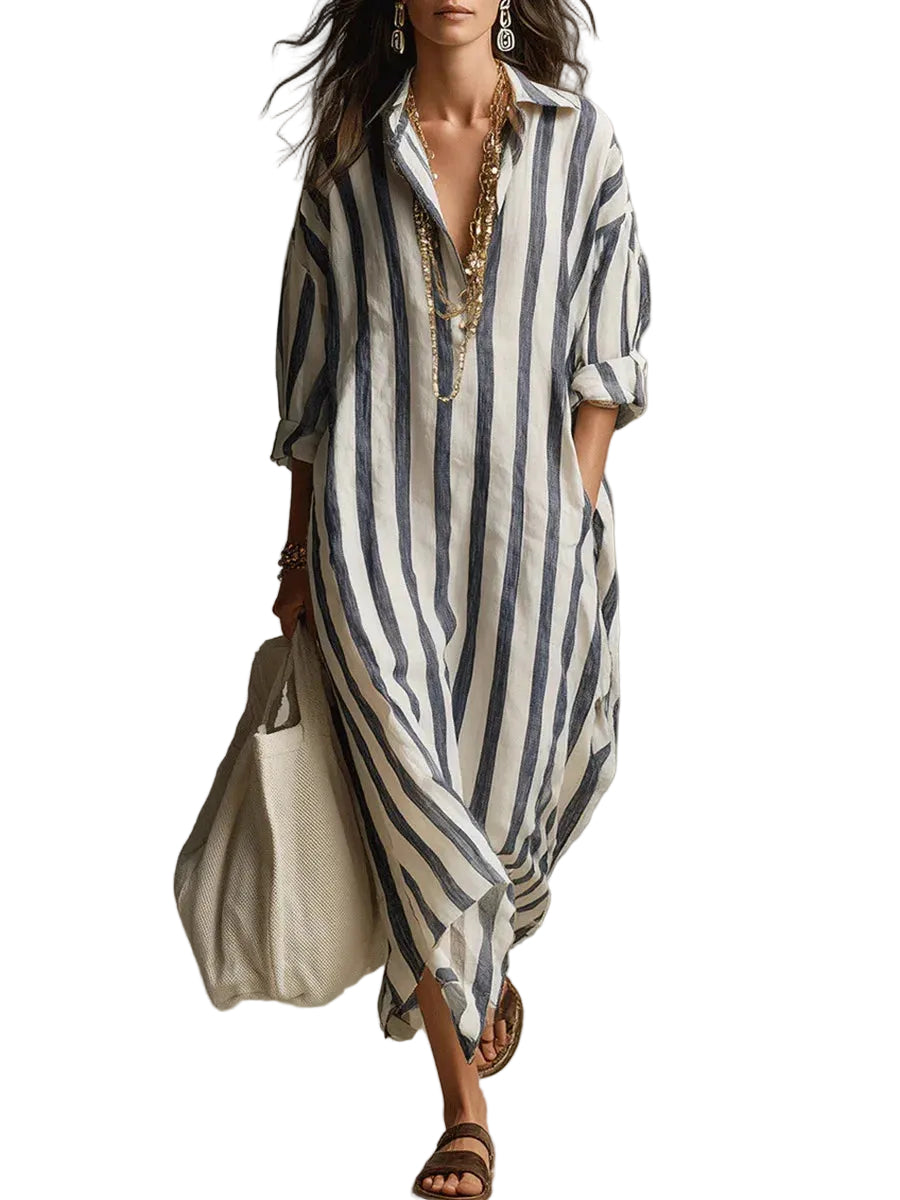 Vestido camisero midi de rayas para mujer con bolsillos