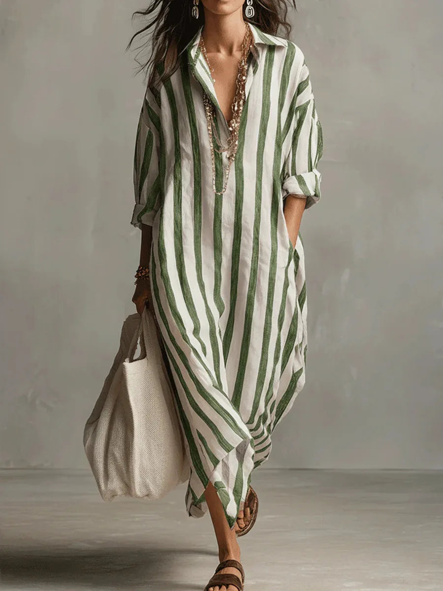Vestido camisero midi de rayas para mujer con bolsillos