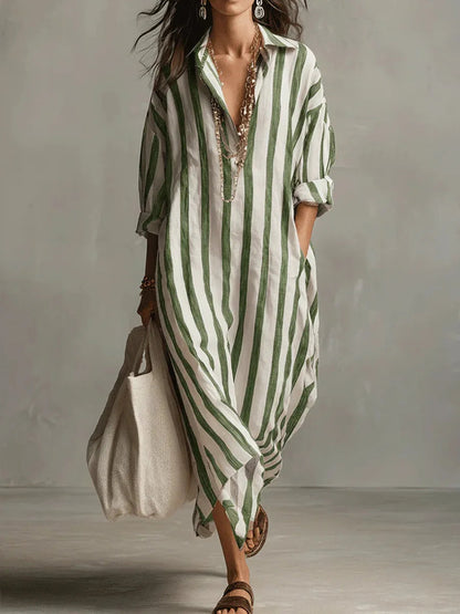 Vestido camisero midi de rayas para mujer con bolsillos