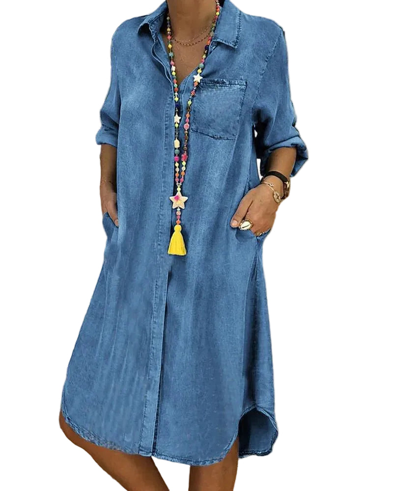 Vestido camisero para mujer con cuello y bolsillos laterales