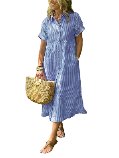 Vestido camisero para mujer con rayas y botones al frente
