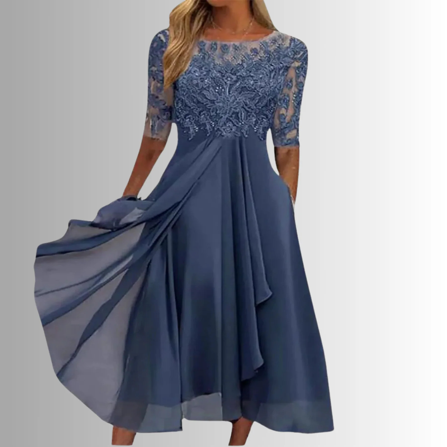 Vestido de Fiesta Midi de Encaje para Mujer con Manga Corta