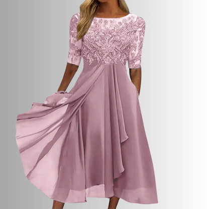 Vestido de Fiesta Midi de Encaje para Mujer con Manga Corta