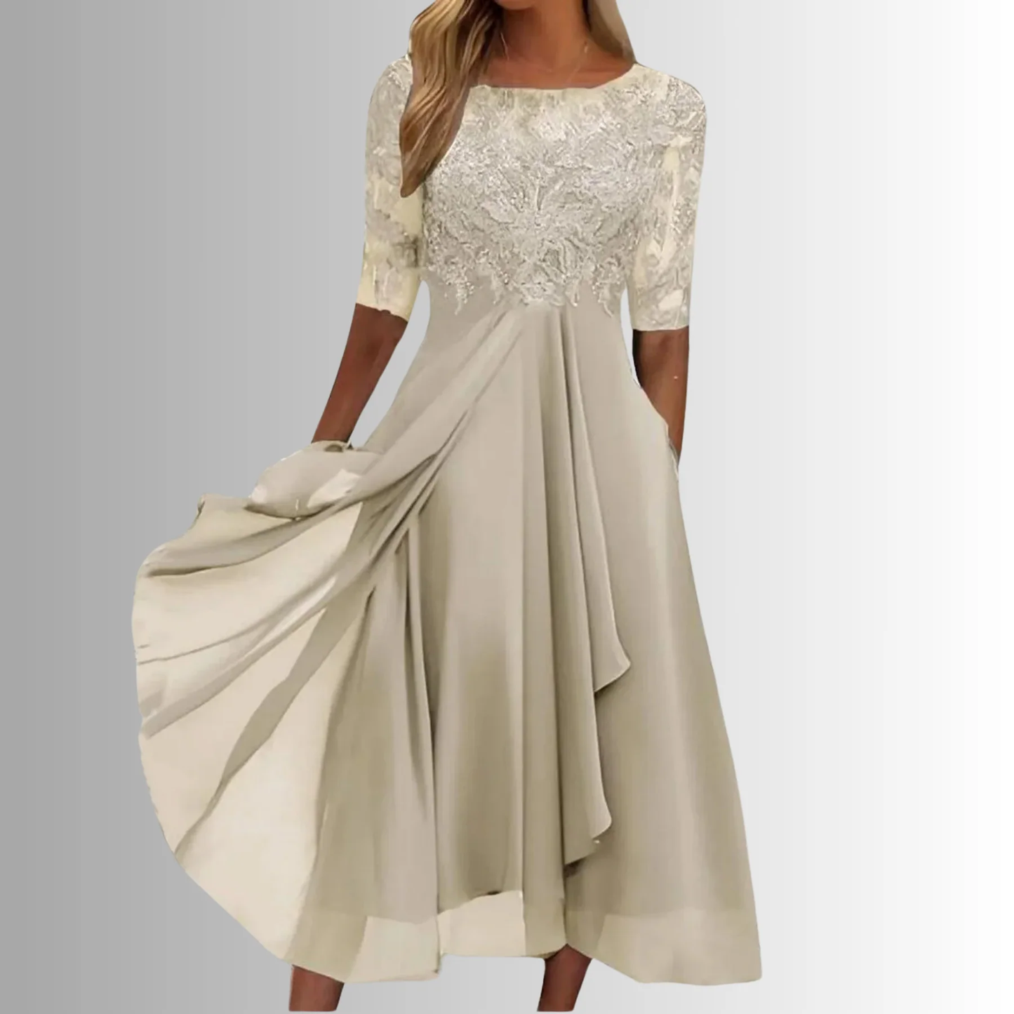 Vestido de Fiesta Midi de Encaje para Mujer con Manga Corta