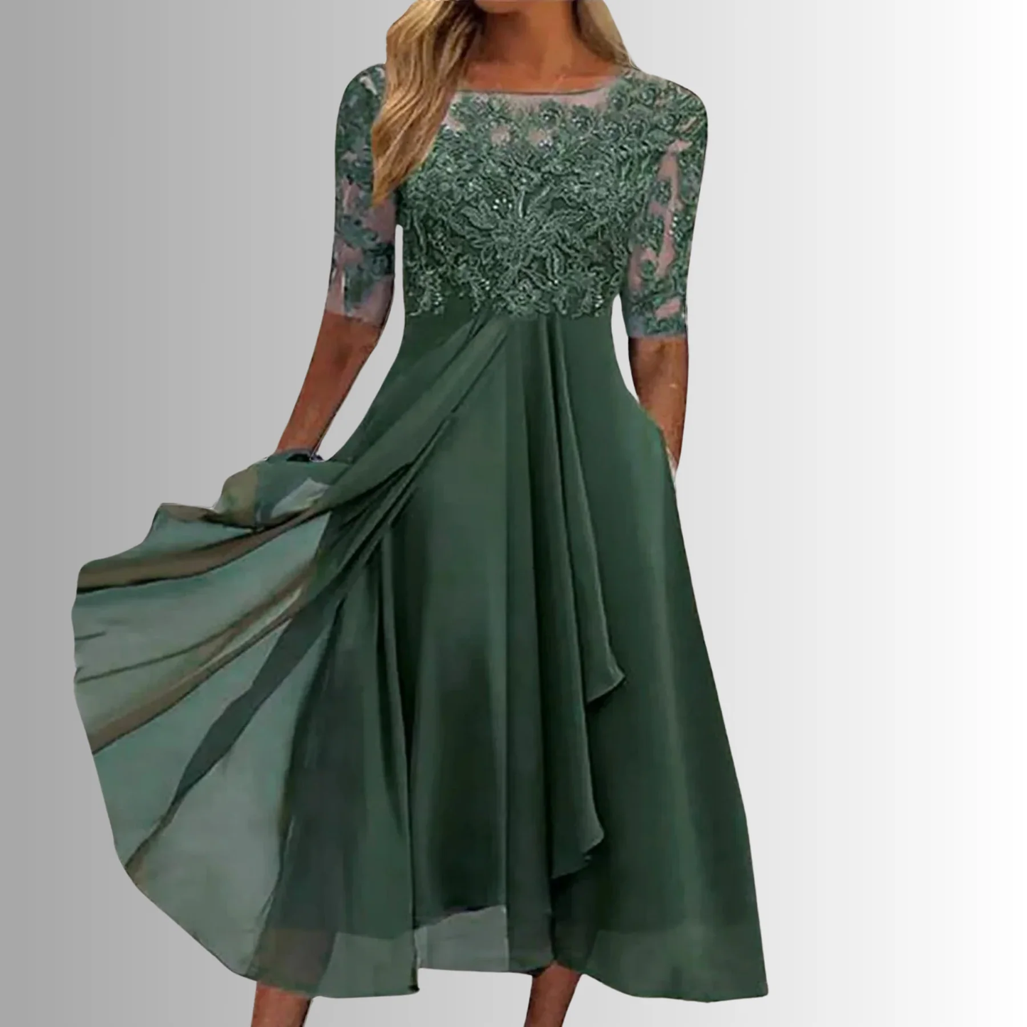 Vestido de Fiesta Midi de Encaje para Mujer con Manga Corta
