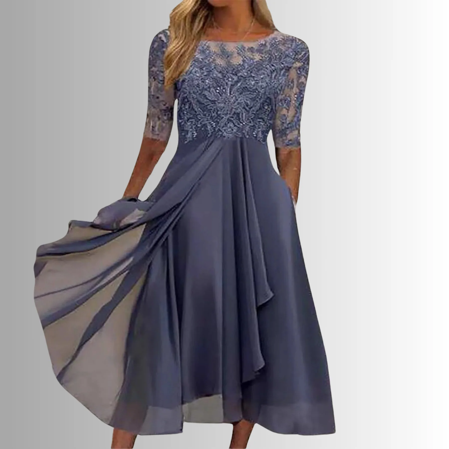 Vestido de Fiesta Midi de Encaje para Mujer con Manga Corta