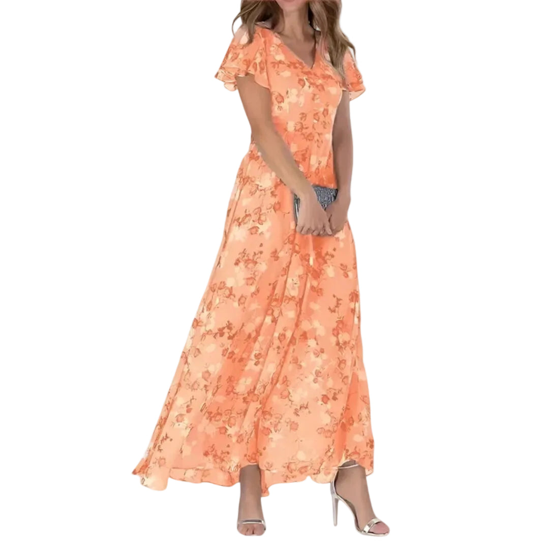 Vestido largo para mujer con estampado floral y mangas cortas