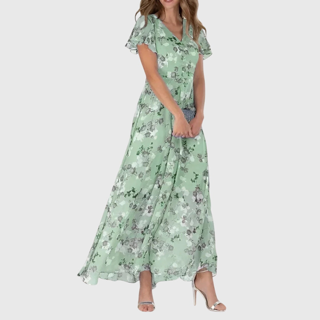 Vestido largo para mujer con estampado floral y mangas cortas