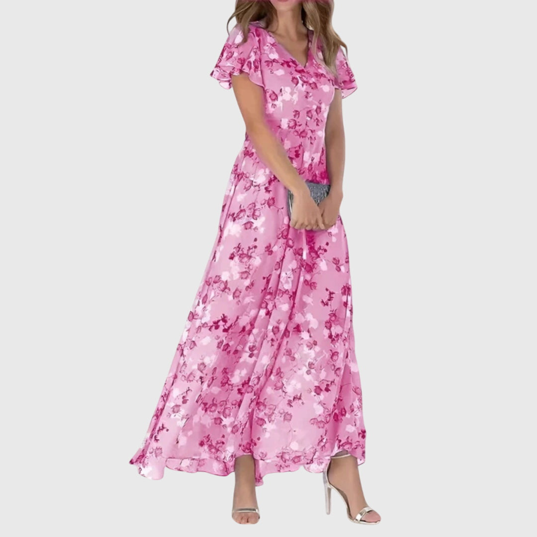 Vestido largo para mujer con estampado floral y mangas cortas