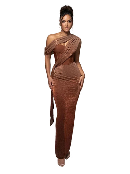 Vestido maxi para mujer con corsé y drapeado asimétrico