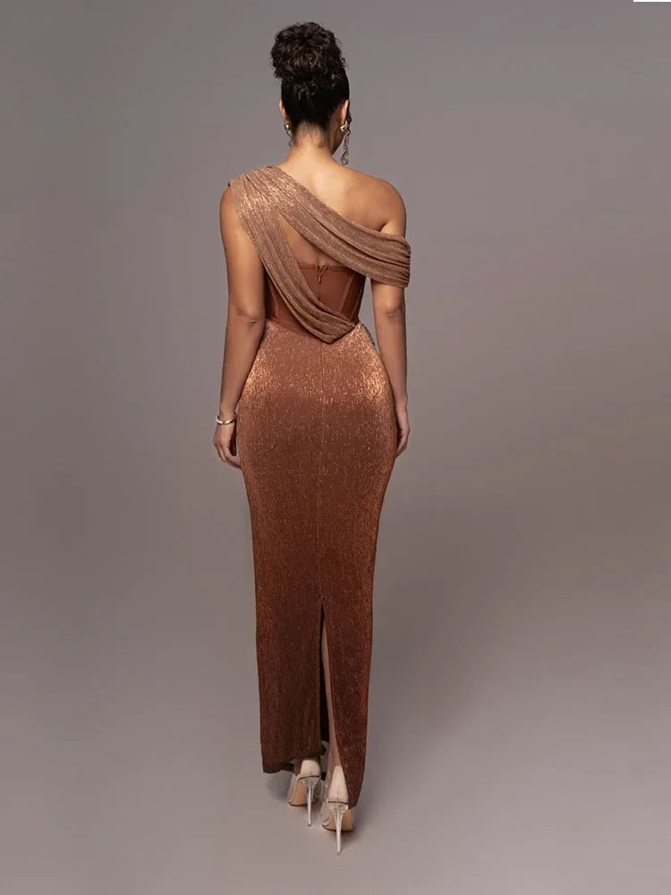 Vestido maxi para mujer con corsé y drapeado asimétrico